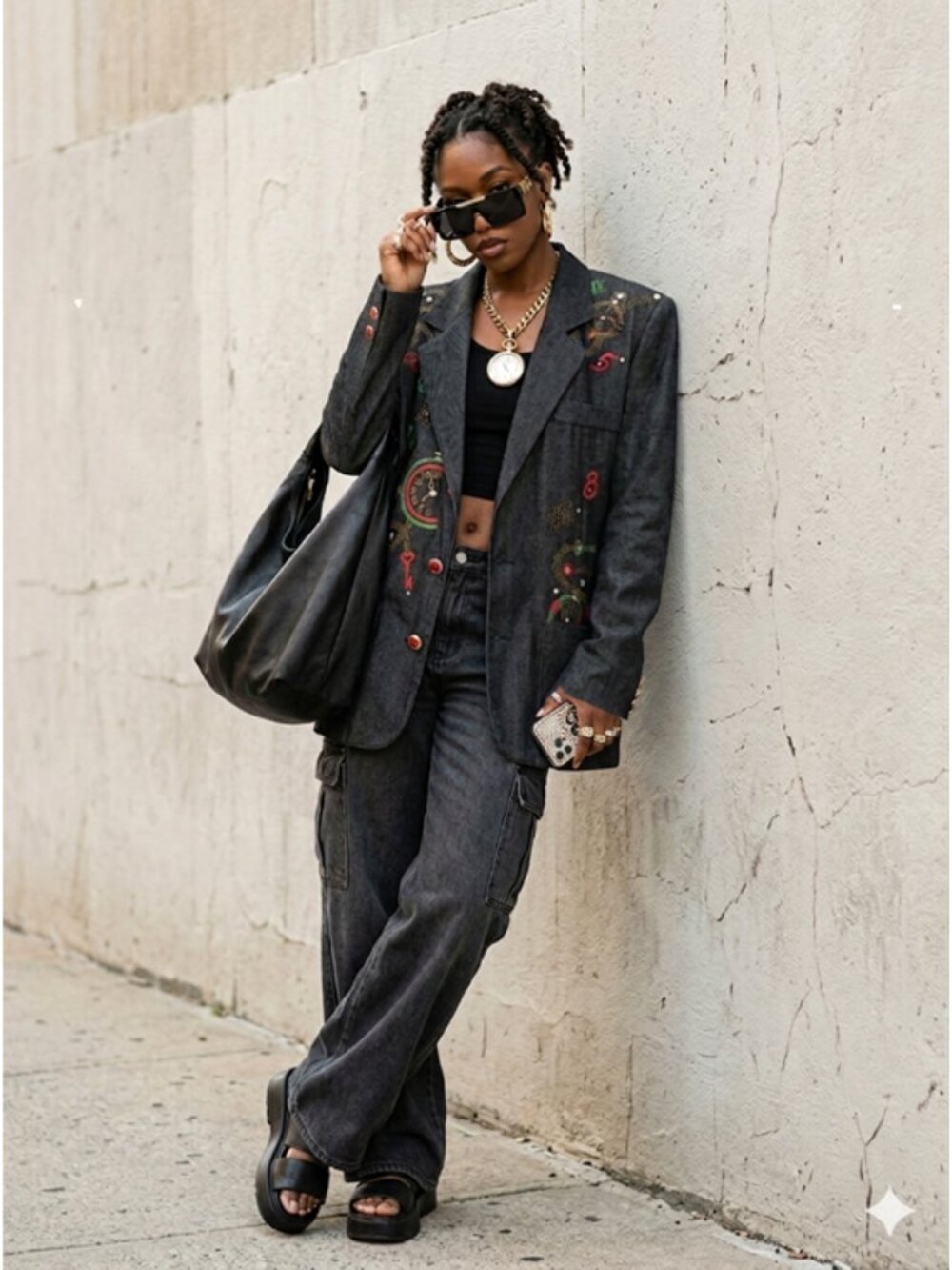 RARE! NEW vintage Roni Blanshay embellished dark grey denim blazer wearable art - Picture 3 of 9